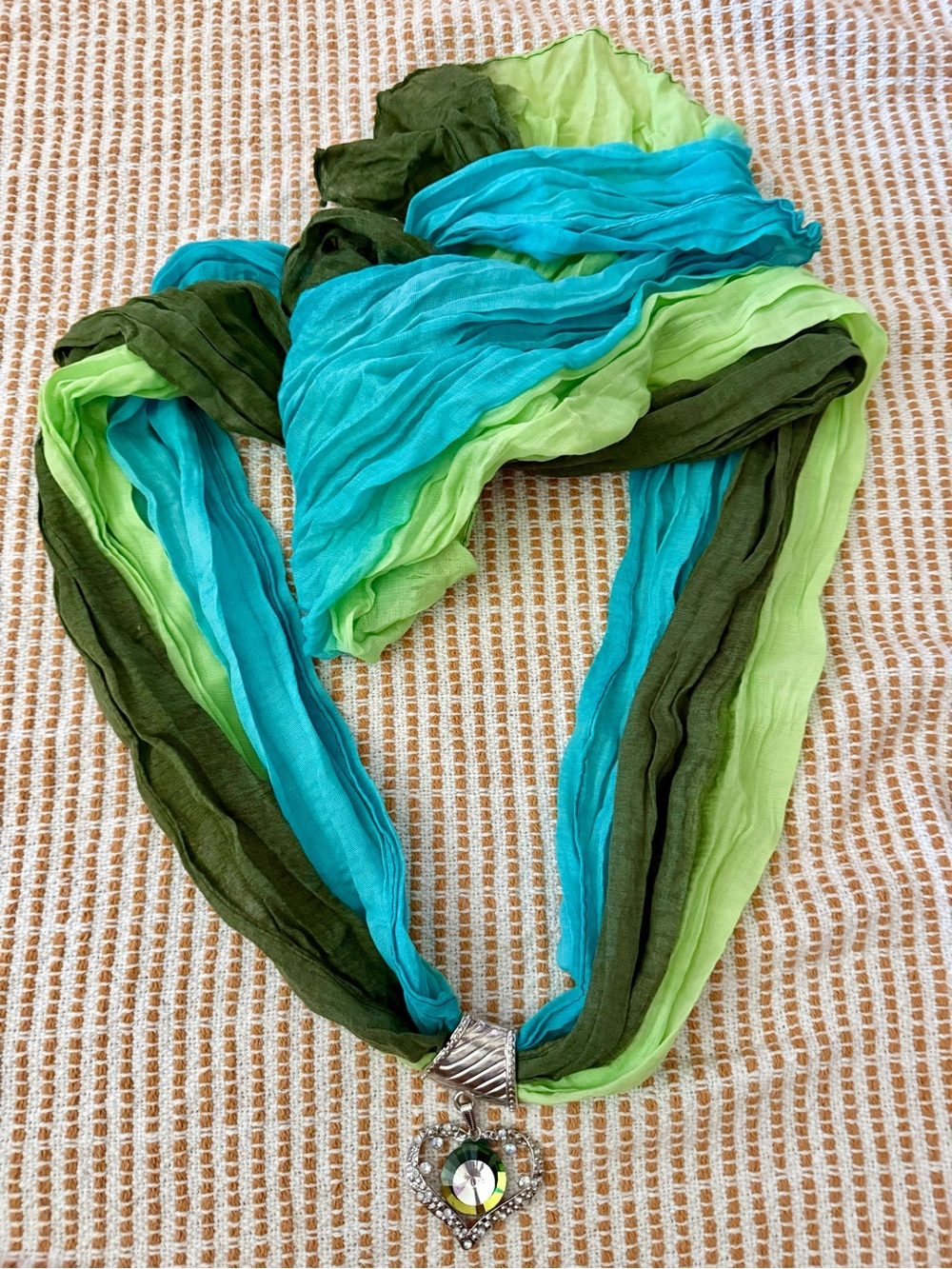 Green & Turquoise Layered Scarf Necklace with Heart Pendant